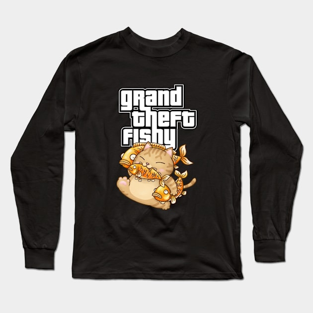 Grand Theft Fishy Cat Stealing Fish Long Sleeve T-Shirt by Takeda_Art